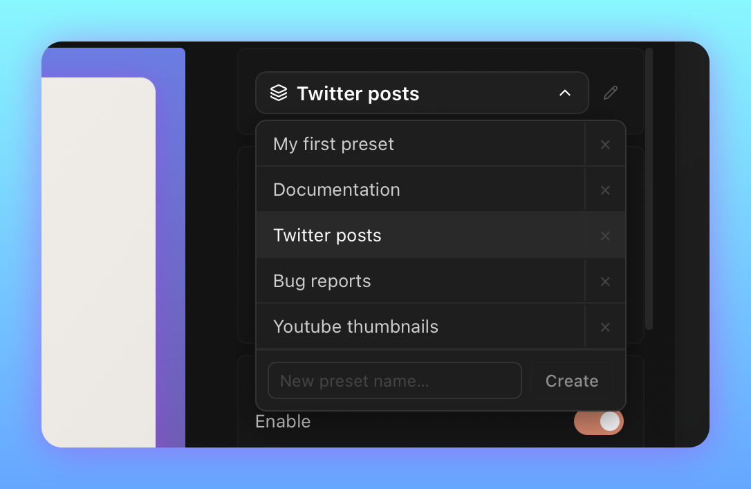 Creating and managing presets